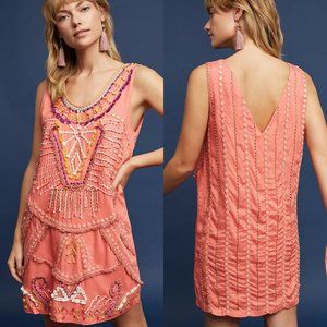 Anthropologie Bl-nk Blank London Reveka Shift Dress Coral Embellished Fringe S.